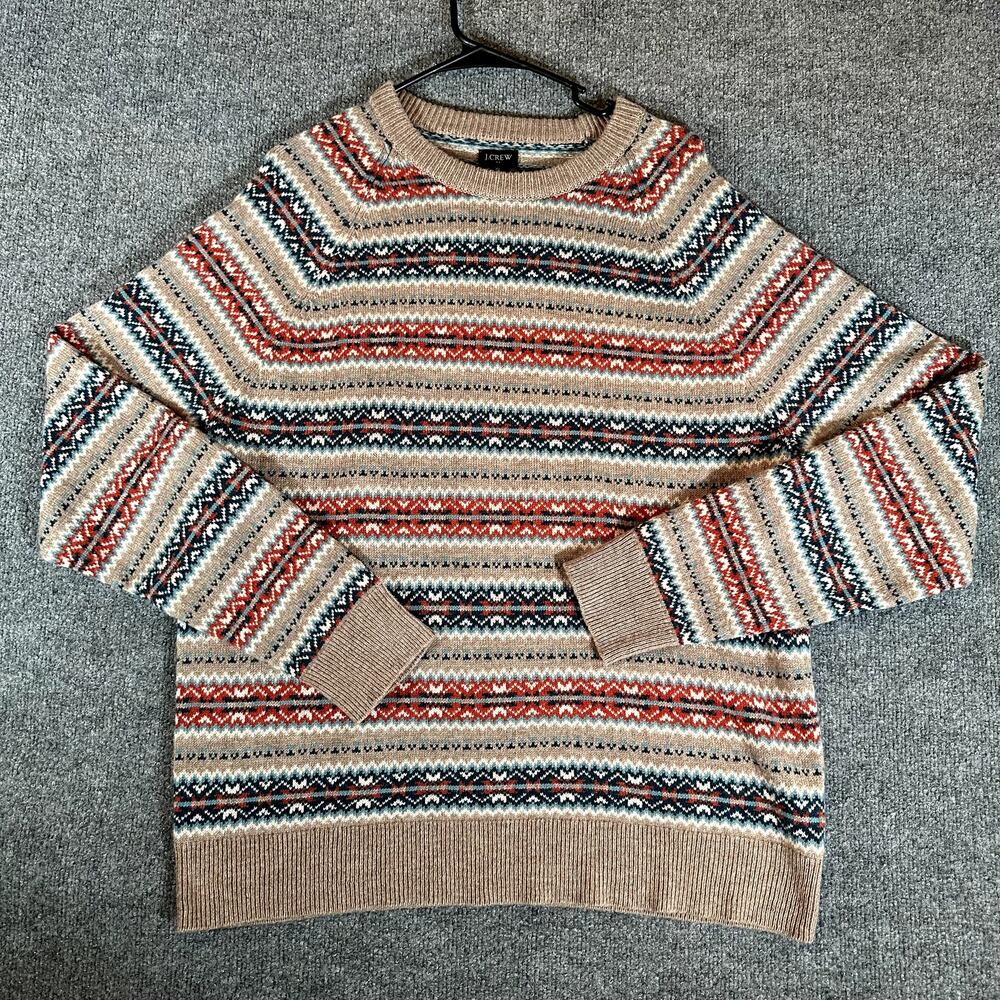 J.Crew Men’s XL Fair Isle Lambswool Blend Nordic Crewneck Sweater Brown